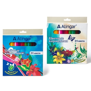 Карандаши цветные Alingar 24 цв., "Цветы" деревянные, трехгранные, заточенные, грифель 3.0 мм, карто
