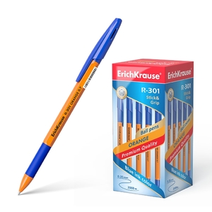 Ручка шариковая Erich Krause"R-301 Orange Stick&Grip", 0,7 мм, синяя, шестигранный, оранжевый, пласт