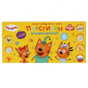 Пластилин неон Три Кота 6 цв (90 г) MultiArt в кор.30шт