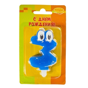 Свеча Цифра 3 "Синяя с глазками", 6,5 см.