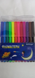 Фломастеры, 12цв, Alingar, смываемые чернила, корпус круглый, "Подзорная труба", вентилируемый колпа